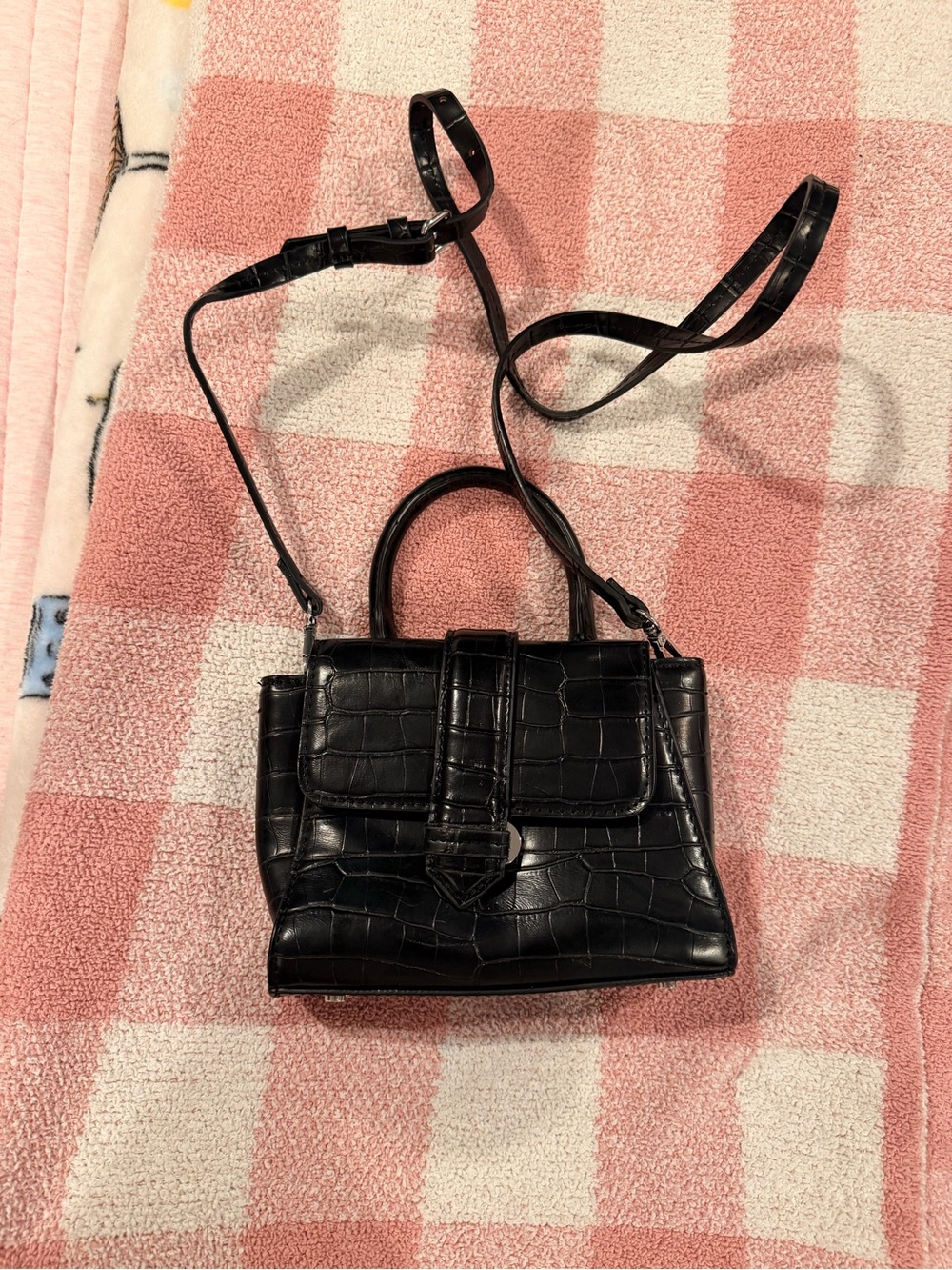 Black Croc-Embossed Mini Top-Handle Crossbody Bag